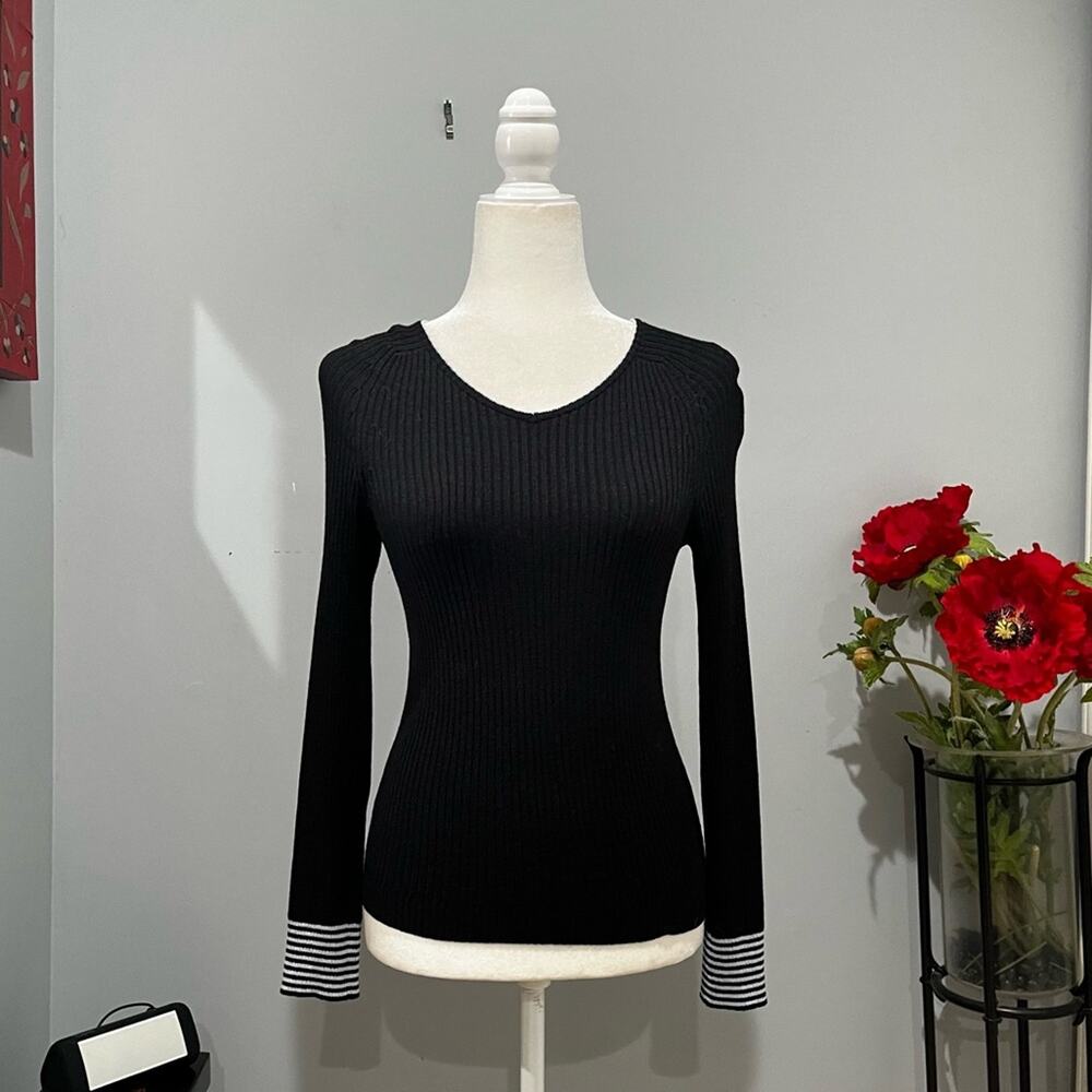 NEW Banana Republic Silk Ribbed Striped Contrast Stretch V Neck Layering Top XS